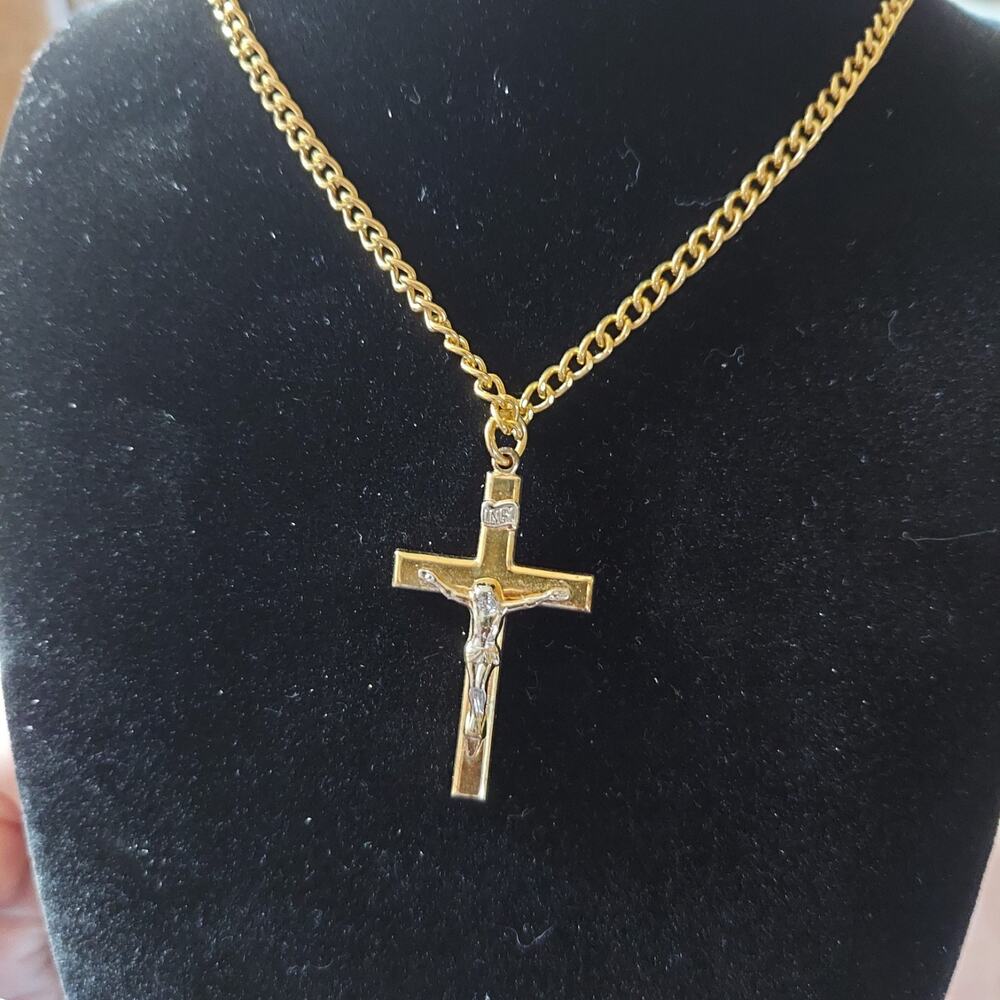 Vintage Chapel Ster INRI Crucifix 1.5" Continuous Chain Necklace 24" Gold Tone